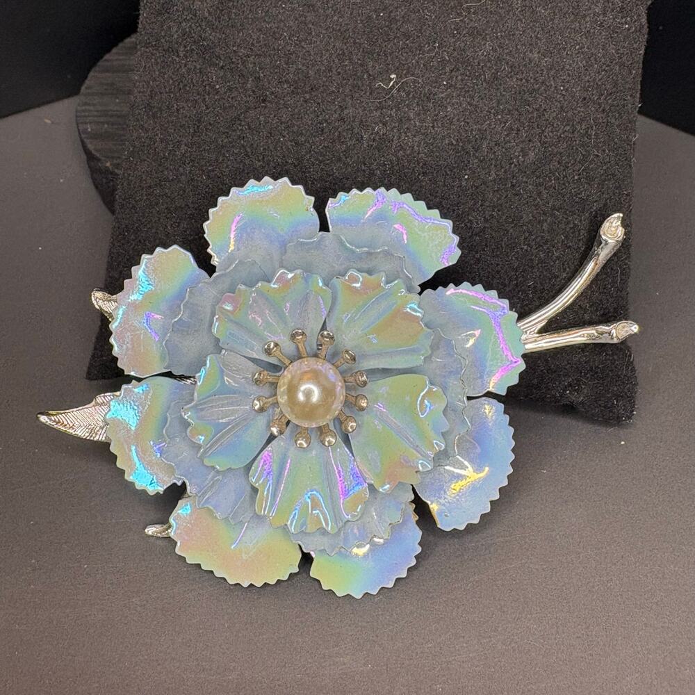 Vintage Coro Iridescent Blue Flower Brooch Silver Pin Large 3.5"